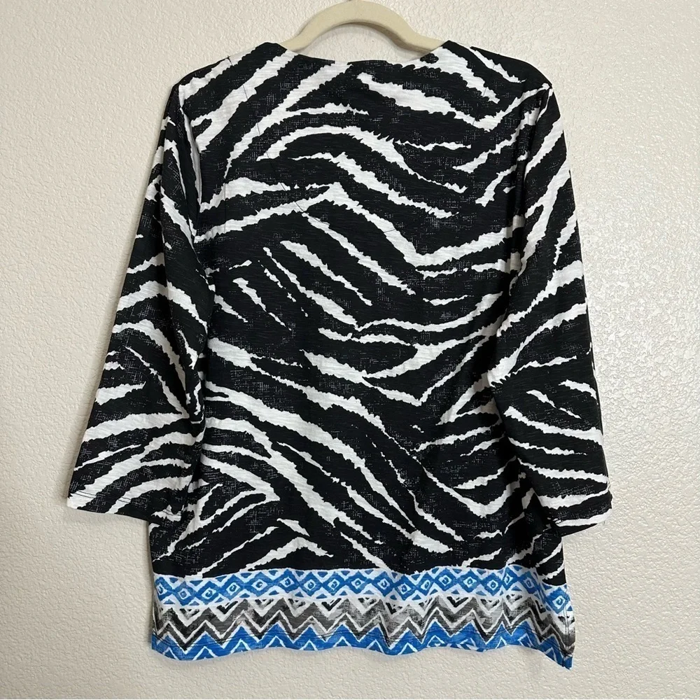 NWT Chico's Zebra Print Smooth Scoop 3/4 Sleeves Tunic Top, Sz Large
